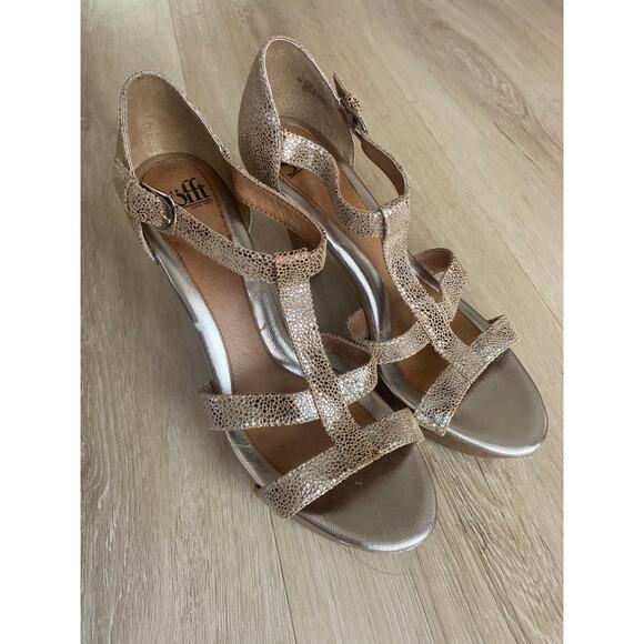 Sofft t strap platform sandals women’s size 10 tan suede metallic comfort - Picture 1 of 6